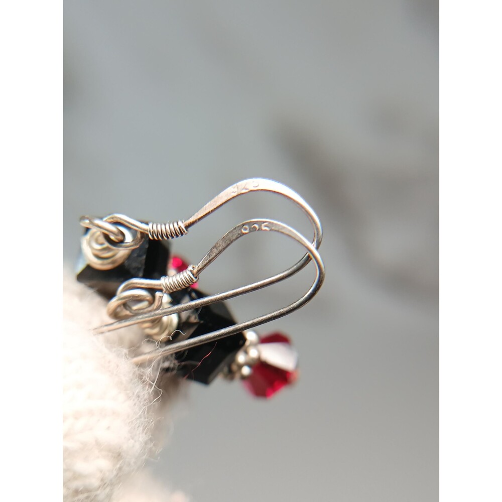 Sterling Silver Black Red Crystal Bead Dangle Earrings - Picture 13 of 16